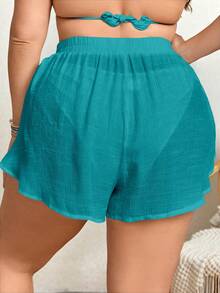 SHEIN Swim Curve Quần short và áo khoác ngoài cỡ lớn, màu trơn, cạp chun, chất liệu xuyên thấu, xẻ tà. - Màu xanh ngọc - Xem 2