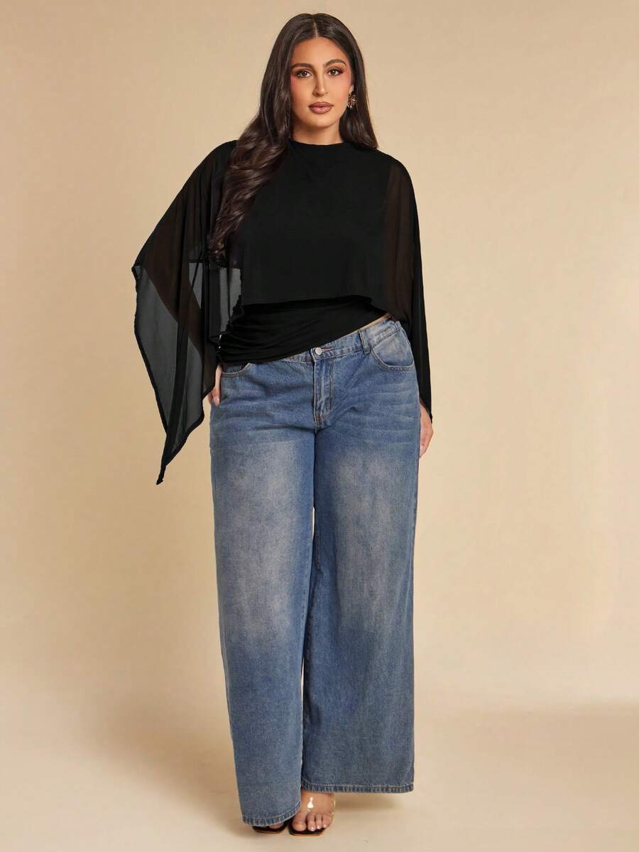SHEIN BAE 大码女式纯色休闲百搭日常上衣 - 黑色 - 查看 1
