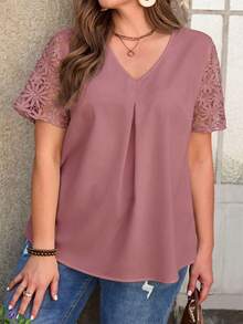 EMERY ROSE Plus Size V-Neck Ruched Short Sleeve Dusty Pink Summer Smart Casual Dressy Top,Fashionable Everyday Women's Vacation Outfits,Solid Country Tops - Pink - View 5