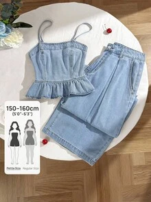 SHEIN PETITE Bộ áo hai dây denim xếp ly và quần ống rộng cho nữ, trang phục thường ngày thanh lịch cho mùa hè đi biển và nghỉ mát. Áo hai dây denim xếp ly viền và quần denim cho nữ, mùa hè. - Rửa nhẹ - Xem 1