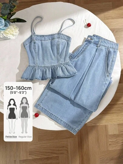 SHEIN PETITE Conjunto de top de cami con volantes de mezclilla y pantalones de pierna ancha para mujer, conjunto de atuendos elegantes casuales de verano para playa y vacaciones