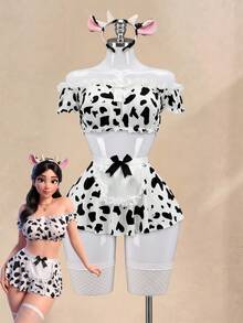 Fantasy Costume Fantasy Costume Bộ 5 món gồm váy ngắn chữ A trễ vai phối ren tương phản, chất liệu giả da sữa gợi cảm, kèm nơ, thích hợp cho cosplay. - Đen và trắng - Xem 6