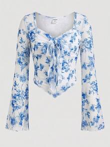 SHEIN Tween Girls' French Elegant Long Sleeve Textured Floral T-Shirt - Baby Blue - View 2
