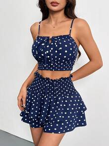 SHEIN Holidaya 女士波点印花扭结吊带背心和高腰裙两件套 - 彩色 - 查看 6