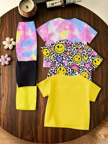 6 pièces/set Tenue décontractée mode jeune fille, avec Top à manches courtes et short en imprimés tie-dye, léopard, cœur arc-en-ciel, floral et lettres. Ensemble doux et confortable, adapté pour les sorties d'été. - Multicolore - Voir 2