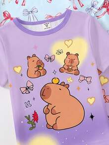 [2 Sets Random] 2-Piece Girls Toddler Sweet Y2K Cartoon Animal Heart Pattern Short Sleeve & Shorts Snug Fit Pajamas Soft Knit Kids Homewear Summer - Multicolor - View 3