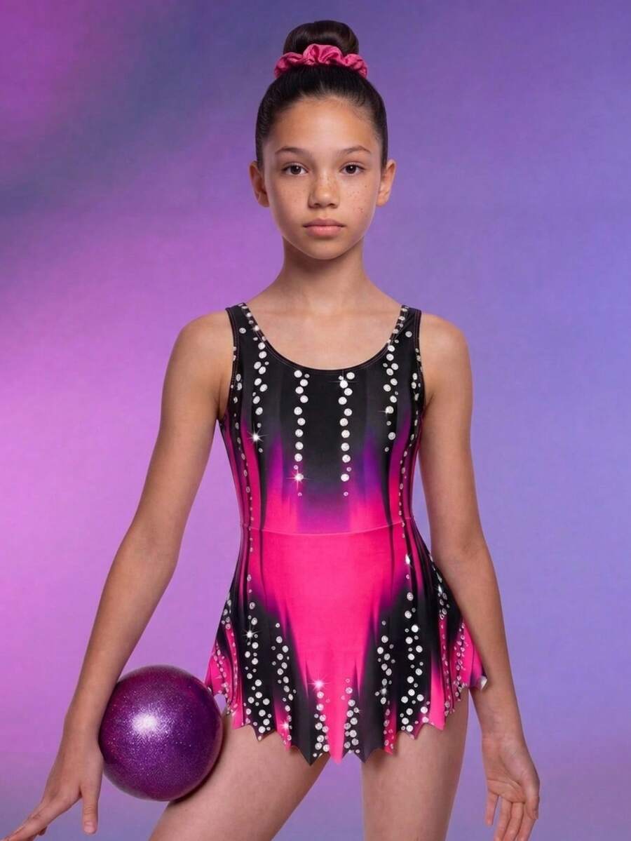 SHEIN Tween Girl Sleeveless Hot Pink Printed Bodysuit,Rhythmic Gymnastics Leotard,School Dance Competition Activewear,Summer Athletic Gym Workout Sportswear - Multicolor - View 1