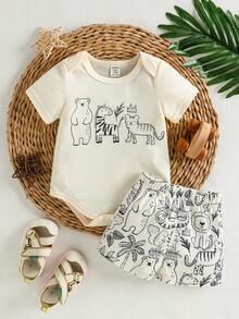 SHEIN Playful Pals Bộ bodysuit trẻ em 0-3 tuổi cho bé trai/bé gái, màu đen trắng, họa tiết in đường nét động vật, phong cách casual dễ thương, dáng rộng, đồ gia đình đồng bộ, quần áo đi chơi mùa hè - Màu be - Xem 8