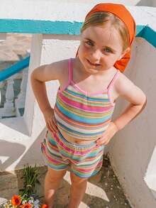 Maija Kids Maija Kids 2件組少女優雅針織彩色不對稱條紋細肩帶上衣與短褲套裝，寬鬆舒適夏季海灘度假休閒穿搭 - 彩色 - 查看 1
