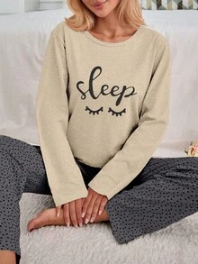 EURMUSE 100% Cotton 2Pcs Eye&Heart Printed PJ Set - Beige - View 3