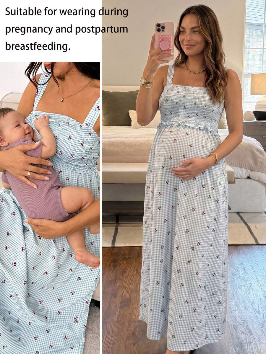SHEIN Đầm hai dây kiểu dáng xếp ly, họa tiết kẻ caro anh đào, thích hợp cho kỳ nghỉ hè ở bãi biển, dành cho phụ nữ mang thai. - Màu xanh lam - Xem 1
