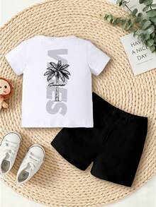SHEIN 2件/組 男嬰夏季休閒海灘度假英文與棕櫚樹印花圓領短袖T恤與短褲 - 黑與白 - 查看 3