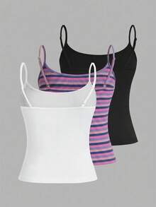 SHEIN EZwear 三件套休闲简约风黑白罗纹短款吊带背心，百搭夏季，适合度假、通勤、约会、派对、秋冬季、婚礼、海滩、毕业典礼等场合，时尚优雅，休闲百搭，适合外出、约会、预约、通勤等各种场合，闪亮亮片，优雅时尚，适合度假、休闲、Y2K风格等各种场合，适合毕业典礼等场合。 - 彩色 - 查看 2