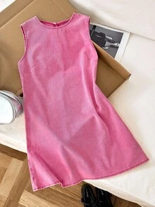 SHEIN PETITE Đầm denim không tay màu hồng nhạt dành cho nữ, kiểu dáng PETITE, trang phục thường ngày mùa hè đi biển và dạo phố cho phụ nữ. - Hồng - Xem 3