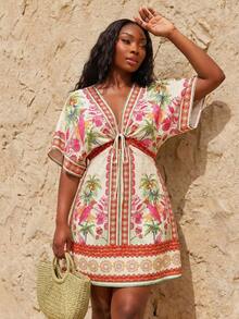 SHEIN SXY Women's Multicolor Tropical Print Flowy Dress With Elastic Waist Short Sleeve V-Neck Summer Boho Sundress - Multicolor - View 5