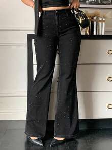 Dazy Plus Plus Size Women Washed Black Distressed Elastic Fitted Sequin Decor Flare Leg Jeans - Black - View 4