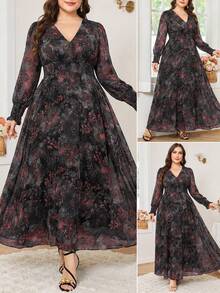 Reflora Plus Size Women Floral Print V-Neck Long Sleeve Elegant Dress - Red - View 2