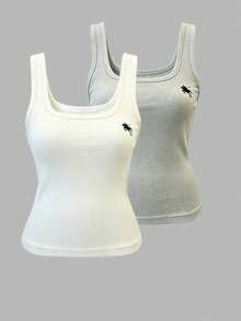 Resyla Women's Summer Casual Knight Embroidered Elastic Fitted Tank Top 2 Pieces Set Gym White Grey - Light Grey - View 4