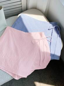 Comfortcana 2件組女款夏季休閒亞麻蝴蝶結裙褲，紅色條紋與白色抽繩圍裹短褲套裝，適合海灘度假 - 彩色 - 查看 5
