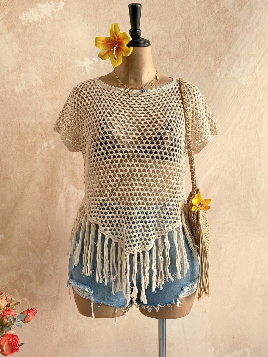 Travachic Plus Size Casual Solid Color Fringe Hem Hollow Out Knit Top - White - View 1