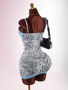 Amplova Lace Cup Detail Leopard Print Mesh Bodycon Mini Dress,Dresses For Women Summer - Brown - View 3