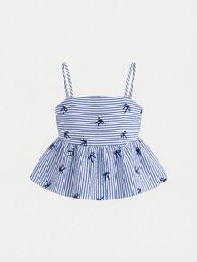 SHEIN Nova Glow 少女度假休闲编织蓝色条纹吊带背心和阔腿裤套装 - 藍白色 - 查看 4