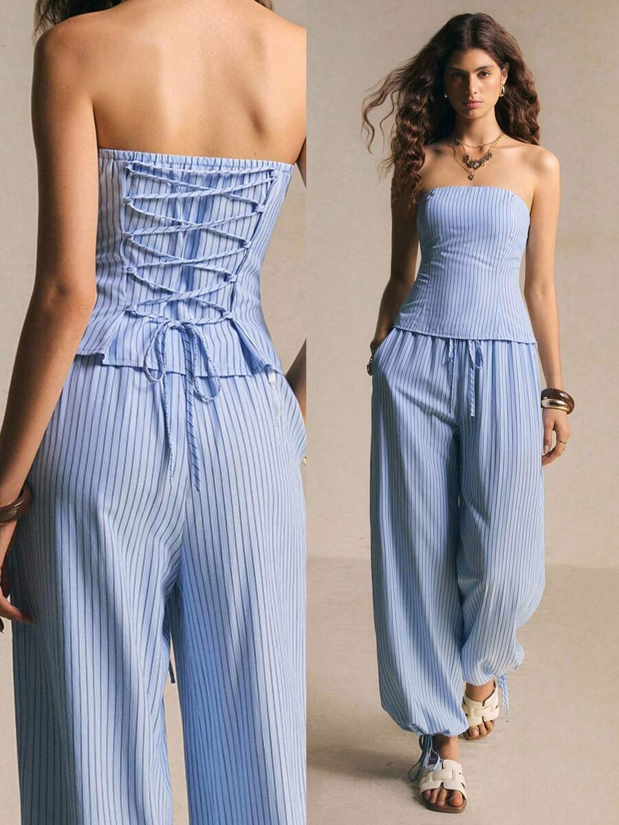 Poéselle Conjunto de dos piezas para mujer, top sin tirantes a rayas azules, conjunto de ropa de vacaciones para mujer, atuendos de verano. - Azul y blanco - Ver 1