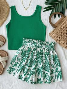 SHEIN Bộ đồ thường ngày 2 món cho bé gái tuổi teen, gồm áo tank top và quần short in họa tiết màu xanh lá cây. - màu xanh lá - Xem 2