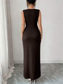 SHEIN Raffinéa Women's Solid Color Metal Decor Ruched Elegant Waist Party Dress - Brown - View 2