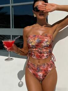BamGleam Bộ bikini in họa tiết thời trang dành cho nữ, áo quây có dây tháo rời với dây rút ở gấu áo, quần bơi tam giác, thích hợp cho kỳ nghỉ hè/xuân ở bãi biển. - Nhiều màu - Xem 1