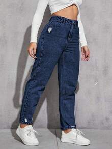 Jeanoix Plus Size Women Casual Vacation Street Ripped Loose Fit Light Grey Denim Jeans - Blue - View 5