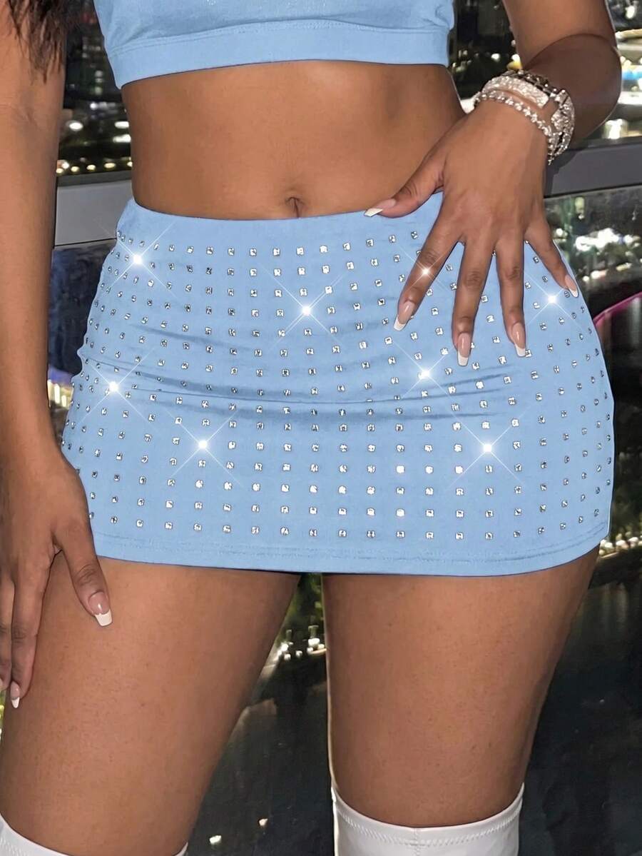 SHEIN SXY 女士水钻装饰修身迷你裙,浅蓝色 - 淺藍色 - 查看 1
