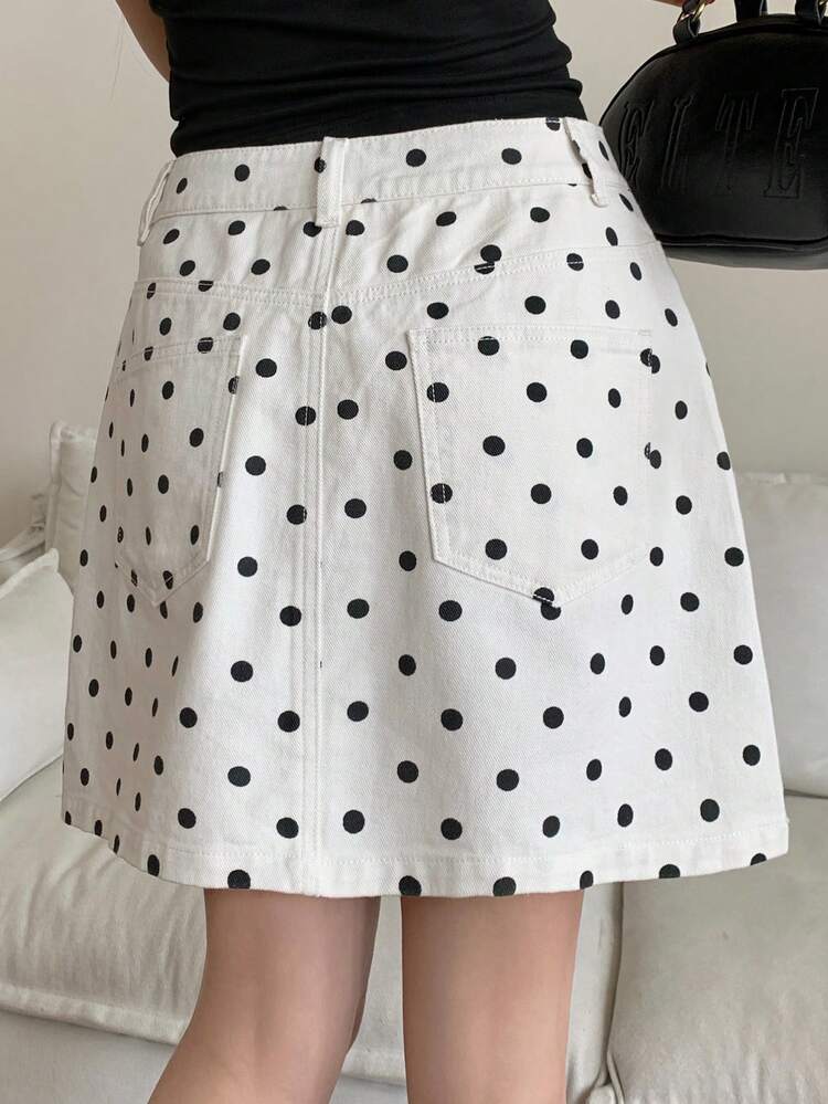 White Polka Dot Casual Denim Mini Skirt, Spring/Summer