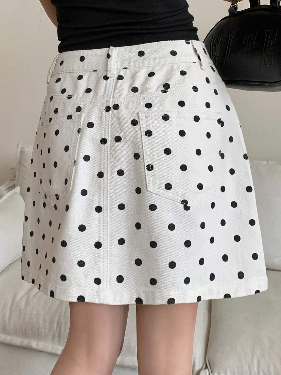 White With Black Polka Dots With Polka Dots Polka Dot Casual Cutesy Denim Mini Skirt, Spring/Summer Everyday