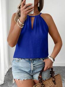 EMERY ROSE Plus Size Fashionable Apricot Spaghetti Strap Casual Loose Slimming Camisole With Sexy Shoulder Strap Design, Elegant For Women - Royal Blue - View 6