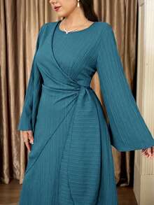 Veilorie Plus Size Elegant Solid Color Flare Sleeve Tie-Waist Wrap Dress - Teal Blue - View 1