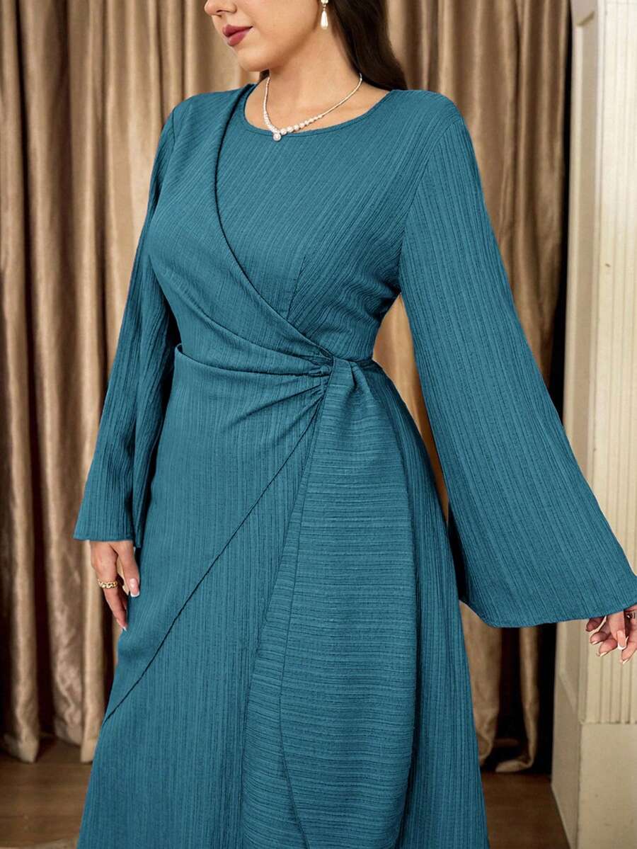Veilorie Plus Size Elegant Solid Color Flare Sleeve Tie-Waist Wrap Dress - Teal Blue - View 1