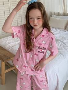 Dazy Kids HELLO KITTY | DAZY 少女卡通條紋印花鈕扣前短袖上衣與長褲睡衣套裝 夏季 - 粉色 - 查看 6