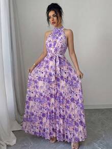 SHEIN Elenzya Đầm chữ A thanh lịch, lãng mạn, cổ bèo nhún họa tiết hoa nhí, eo xếp ly, thích hợp cho phụ nữ đi nghỉ mát, phù hợp cho kỳ nghỉ. - Nhiều màu - Xem 4