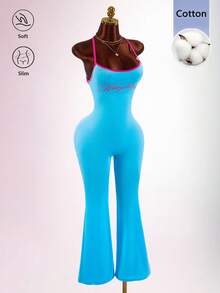 Amplova Bộ jumpsuit ôm sát, không tay, dây chéo, phối màu tương phản, cổ yếm, hở lưng, gợi cảm, thêu họa tiết. - Màu xanh lam - Xem 5