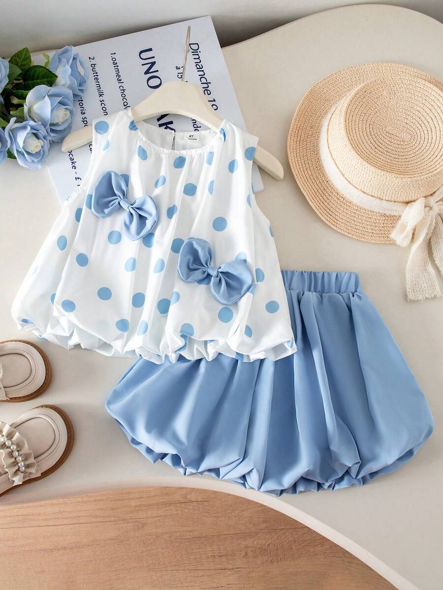 SHEIN Genkimix Kids 2件套女童蝴蝶结装饰休闲无袖上衣+纯色休闲短裤套装 - 藍白色 - 查看 1