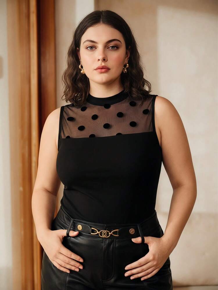 Spring/Summer New Elegant Fashion Casual Sexy Sheer Going Out Date Work Party Holiday Wedding Polka Dot Mesh Patchwork Knit Stretchy Plus Size Women Camisole
