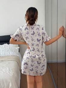 Napfluff 女士蝴蝶印花荷叶边开衫式睡裙 - 杏色 - 查看 2