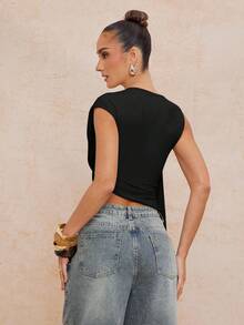 Lumalex Nueva blusa corta con mangas asimétricas fruncidas y ribete de cinta para primavera/verano - Negro - Ver 7