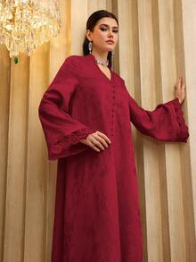 SHEIN Najma 女士V领优雅提花缎带蕾丝拼接长袖喇叭连衣裙 - 紅色 - 查看 4