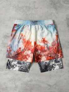 ROMWE MEN Street Life Quần short bóng rổ nam in họa tiết, thiết kế 2 trong 1, thích hợp mặc hàng ngày vào mùa xuân/hè. - Nhiều màu - Xem 2