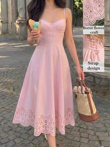 Glamine Charm Đầm chữ A màu hồng dây mảnh phối ren buộc sau lưng dành cho nữ, đầm thời trang đi nghỉ mát, thanh lịch, đa năng, đầm hồng nữ, đầm dài nữ - Hồng - Xem 10