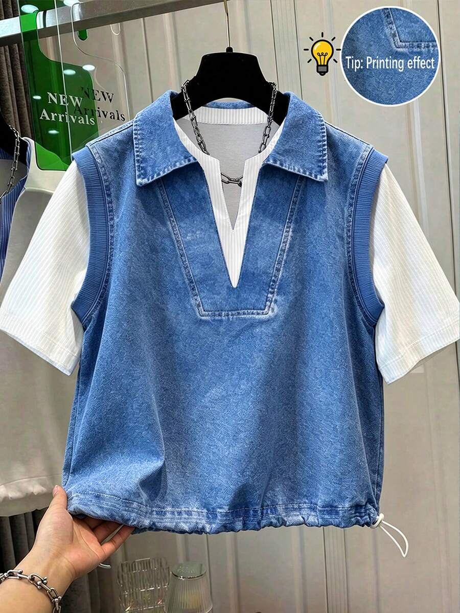 Resyla Blusa casual de mujer con rayas y parches, adecuada para ir al trabajo y uso diario - Multicolor - Ver 1