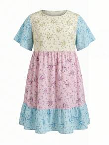 SHEIN CURVE+ Plus Size Casual Vacation Colorblock Ditsy Ditsy Floral Dress - Multicolor - View 5