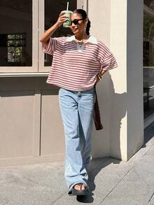 Muchica 条纹印花针织女式宽松休闲T恤，春夏款 - 紅色 - 查看 6